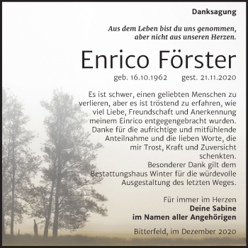 Traueranzeige von Enrico Förster von Mitteldeutsche Zeitung Bitterfeld