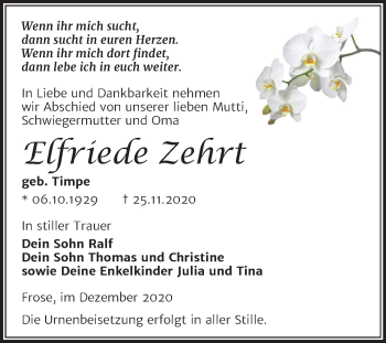 Traueranzeige von Elfriede Zehrt von Mitteldeutsche Zeitung Aschersleben