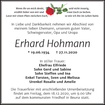 Traueranzeige von Erhard Hohmann von Super Sonntag Merseburg/Querfurt