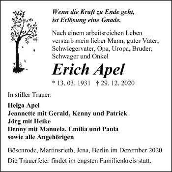 Traueranzeige von Erich Apel von Mitteldeutsche Zeitung Sangerhausen