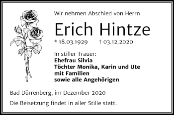 Traueranzeige von Erich Hintze von Mitteldeutsche Zeitung Merseburg/Querfurt
