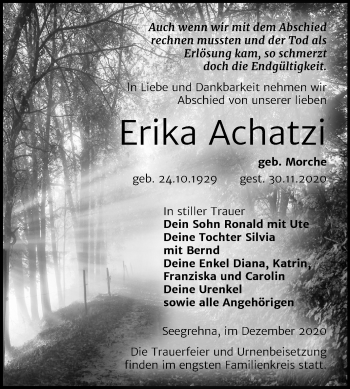 Traueranzeige von Erika Achatzi von Super Sonntag Wittenberg
