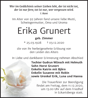 Traueranzeige von Erika Grunert von Mitteldeutsche Zeitung Naumburg/Nebra