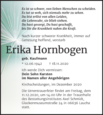 Traueranzeige von Erika Horn von Wochenspiegel Naumburg/Nebra