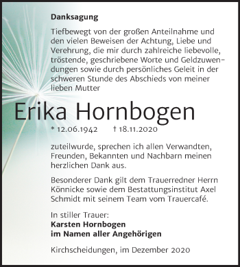 Traueranzeige von Erika Hornbogen von Wochenspiegel Naumburg/Nebra