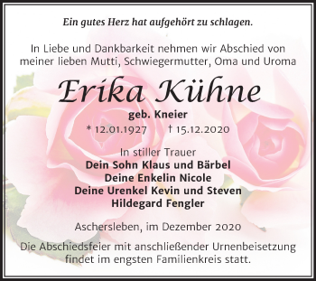 Traueranzeige von Erika Kühne von Mitteldeutsche Zeitung Aschersleben