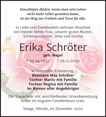 Traueranzeige von Erika Schröter von Mitteldeutsche Zeitung Köthen