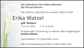 Traueranzeige von Erika Watzel von Mitteldeutsche Zeitung Aschersleben