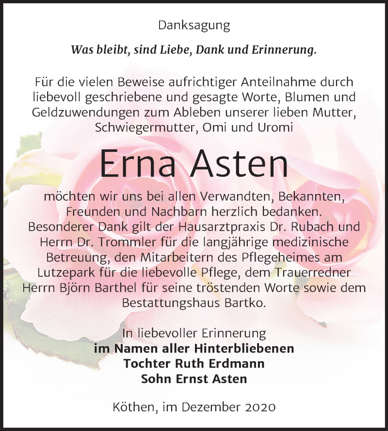  Traueranzeige für Erna Asten vom 12.12.2020 aus Mitteldeutsche Zeitung Köthen