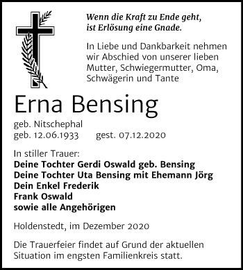 Traueranzeige von Erna Bensing von Super Sonntag Sangerhausen