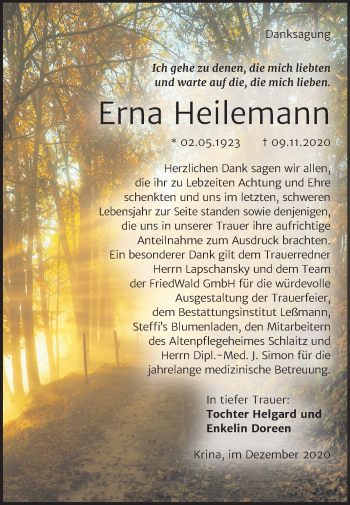 Traueranzeige von Erna Heilemann von Wochenspiegel Bitterfeld