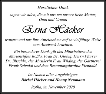 Traueranzeige von Erna Häcker von Mitteldeutsche Zeitung Sangerhausen