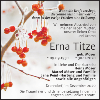 Traueranzeige von Erna Titze von Super Sonntag Aschersleben