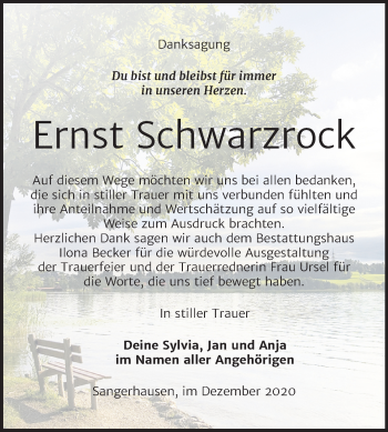 Traueranzeige von Ernst Schwarzrock von Mitteldeutsche Zeitung Sangerhausen