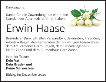Traueranzeige von Erwin Haase von Super Sonntag Wittenberg
