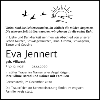 Traueranzeige von Eva Jennert von Mitteldeutsche Zeitung Halle/Saalkreis