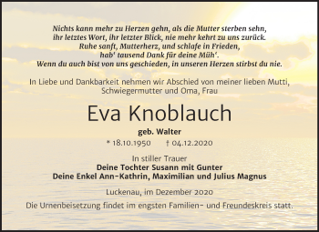 Traueranzeige von Eva Knoblauch von Mitteldeutsche Zeitung Zeitz