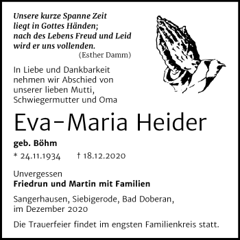 Traueranzeige von Eva-Maria Heider von Mitteldeutsche Zeitung Sangerhausen