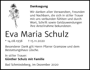 Traueranzeige von Eva Maria Schulz von Mitteldeutsche Zeitung Wittenberg