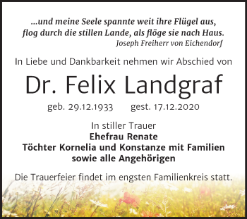 Traueranzeige von Felix Landgraf von Mitteldeutsche Zeitung Bernburg