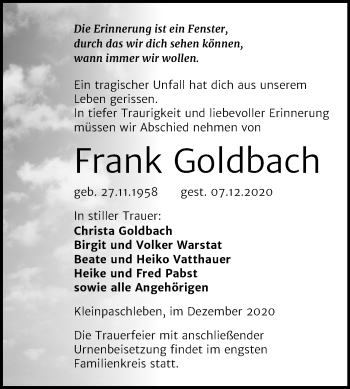 Traueranzeige von Frank Goldbach von Mitteldeutsche Zeitung Köthen