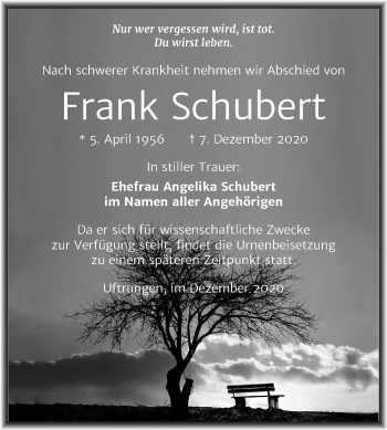 Traueranzeige von Frank Schubert von Mitteldeutsche Zeitung Sangerhausen