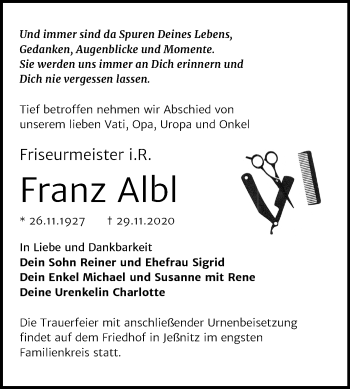 Traueranzeige von Franz Albl von Mitteldeutsche Zeitung Bitterfeld