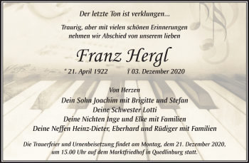 Traueranzeige von Franz Hergl von Mitteldeutsche Zeitung Quedlinburg