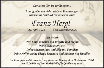 Traueranzeige von Franz Hergl von Super Sonntag Quedlinburg