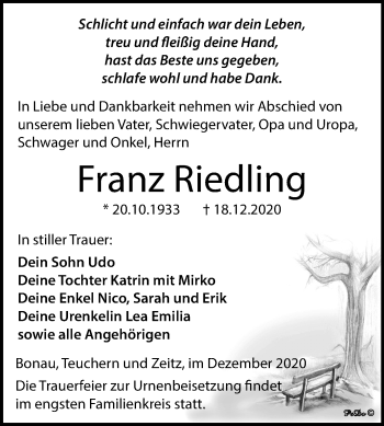 Traueranzeige von Franz Riedling von Mitteldeutsche Zeitung Weißenfels