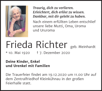 Traueranzeige von Frieda Richter von Super Sonntag Dessau-Roßlau