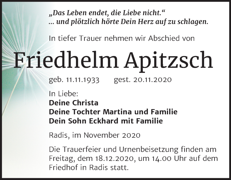  Traueranzeige für Friedhelm Apitzsch vom 05.12.2020 aus Mitteldeutsche Zeitung Wittenberg