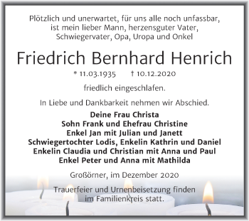 Traueranzeige von Friedrich Bernhard Henrich von Super Sonntag Mansfelder Land