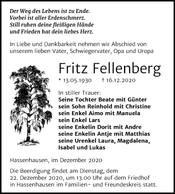 Traueranzeige von Fritz Fellenberg von Mitteldeutsche Zeitung Naumburg/Nebra