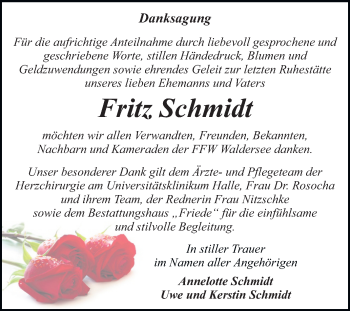 Traueranzeige von Fritz Schmidt von Mitteldeutsche Zeitung Dessau-Roßlau