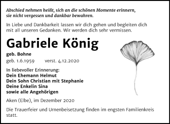 Traueranzeige von Gabriele König von Super Sonntag Köthen