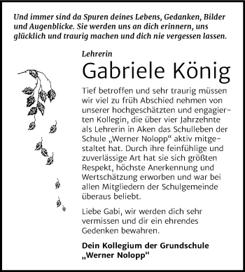 Traueranzeige von Gabriele König von Mitteldeutsche Zeitung Köthen