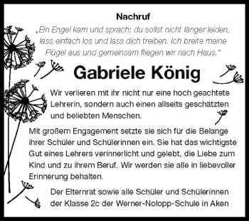 Traueranzeige von Gabriele König von Super Sonntag Köthen