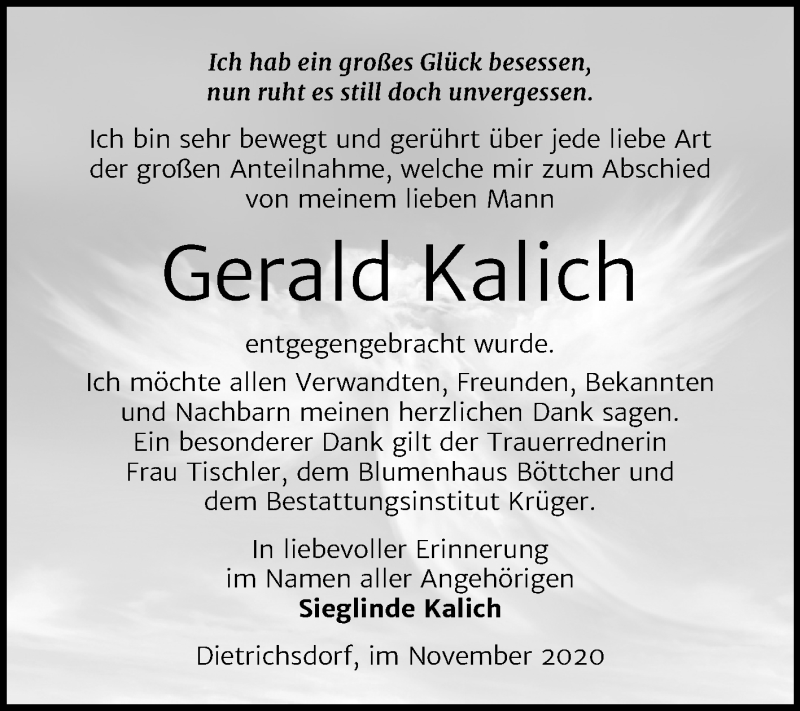 Traueranzeige für Gerald Kalich vom 12.12.2020 aus Super Sonntag Wittenberg