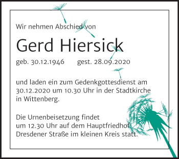 Traueranzeige von Gerd Hiersick von Mitteldeutsche Zeitung Wittenberg