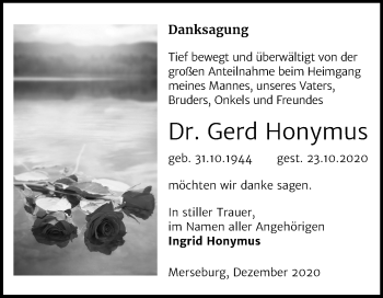 Traueranzeige von Gerd Honymus von Mitteldeutsche Zeitung Halle/Saalkreis / Merseburg/Querfurt