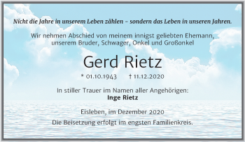 Traueranzeige von Gerd Rietz von Mitteldeutsche Zeitung Mansfelder Land