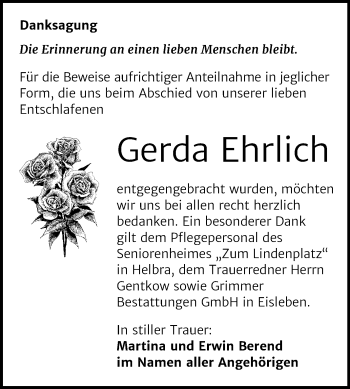 Traueranzeige von Gerda Ehrlich von Mitteldeutsche Zeitung Mansfelder Land
