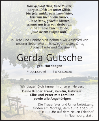 Traueranzeige von Gerda Gutsche von Wochenspiegel Naumburg/Nebra