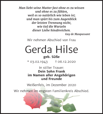 Traueranzeige von Gerda Hilse von Mitteldeutsche Zeitung Weißenfels