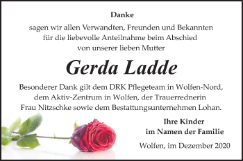 Traueranzeige von Gerda Ladde von Mitteldeutsche Zeitung Bitterfeld