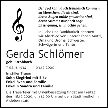Traueranzeige von Gerda Schlömer von Super Sonntag Bernburg