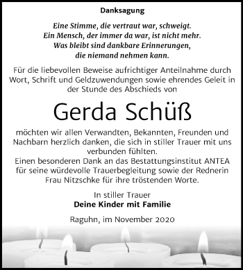Traueranzeige von Gerda Schüß von Wochenspiegel Bitterfeld
