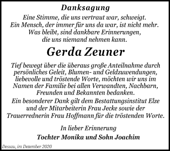 Traueranzeige von Gerda Zeuner von Mitteldeutsche Zeitung Dessau-Roßlau