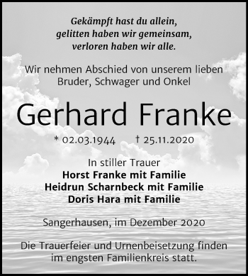 Traueranzeige von Gerhard Franke von Super Sonntag Sangerhausen